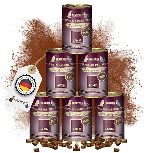 Escapure Lamm Pur Dose 6 x 400g - Nassfutter für Hunde - 100% pures Lammfleisch Nassfutter - Premium Dosenfutter Lamm ohne Zusatzstoffe - Hunde Ergänzungsfuttermittel frei von Getreide
