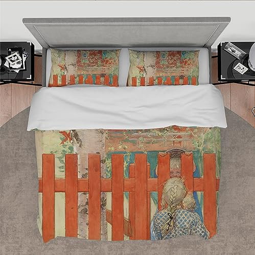 DINGSION Carl Larsson Style Kinder Bettwäsche Set 3-teilig Kind am Zaun Weiches und atmungsaktives Schlafzimmerbettwäsche-Set mit 2 Kissen Shams 4 Krawatten 140 x 220 cm
