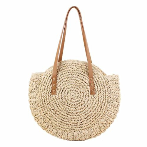SHTGOI Rund halmväska för kvinnor, vintage, handgjord axelväska, stor kapacitet, strandväska, böhmisk axelväska, korgväska med dragkedja, flätad väska för resor, semester, beige, 1#