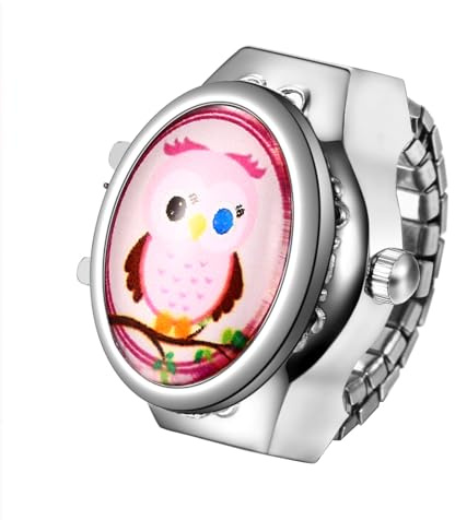 JewelryWe Ringuhr Fingeruhr Damen Analog Quarz Uhr Elastisch Ring Edelstahl Eule Deko Uhr Uhrenring Weiß Schwarz Rot