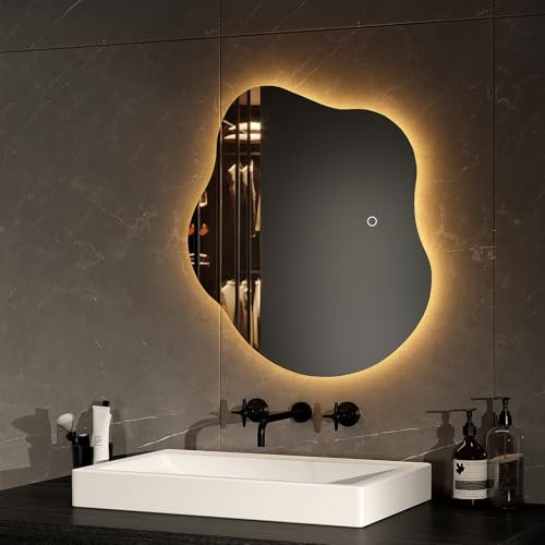 EMKE Miroir Lumineux Salle de Bain 50 x 45 cm, sans Cadre Miroir Salle de Bain avec Interrupteur Tactile,Antibuée,Fonction mémoire,3 Heures d'arrêt Automatique,3 Couleurs de lumière LED