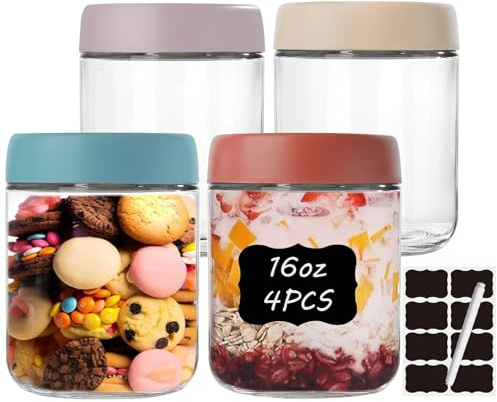 twoant 4 Pack 16oz Glass Jars with Lids Overnight Oats Meal Prep Portion Control Containers Snack Pudding Yogurt Cereal Salad Food Storage Cups Bowls Airtight with Stickers and Marker