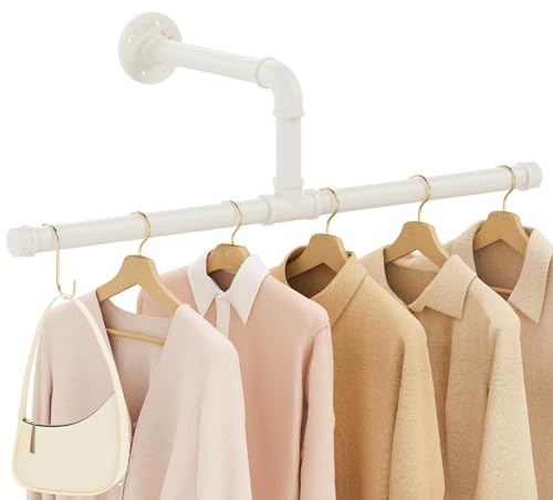 Yawinhe Perchero de Pared para Colgar Ropa, 51cm, Colgante de Prendas de Metal Retro Desmontable, Barras de Suspensión Industrial, para Sala de Estar, Cocina, 1-Pack, Color Crema