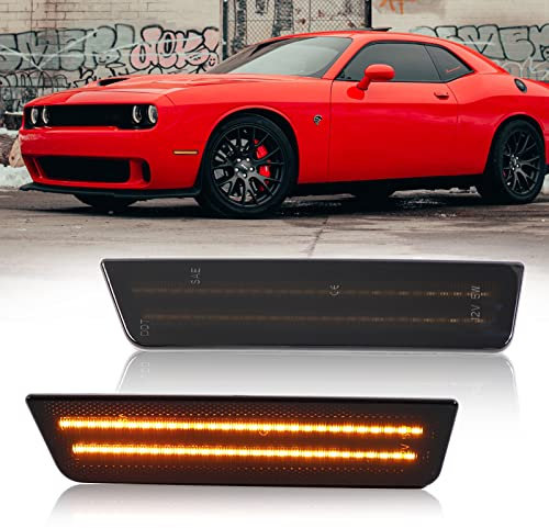 FetonAuto Smoked Lens LED Side Marker Lights Compatible with 2008-2014 Dodge Challenger and 2011-2014 Dodge Charger, Dual Row LED Front Bumper Reflector