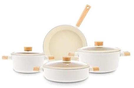 Karaca Swiss Crystal Woody Kochgeschirr-Set, 7 Teilig - Hochwertiges Antihaft-Kochgeschirr, Inklusive Töpfe und Pfannen, Elegantes Holzgriff-Design
