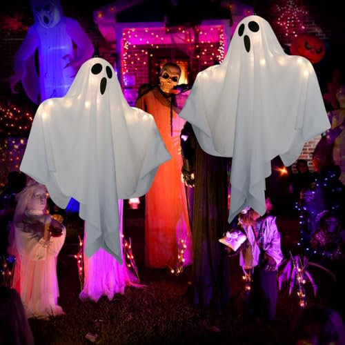 2 Pezzi Decorazione per Halloween,Halloween Decorazioni Fantasma,Halloween da Appendere Addobbi Halloween,con Luci LED,Decorazioni Halloween Casa per Cortile Giardino Decorazioni per Feste