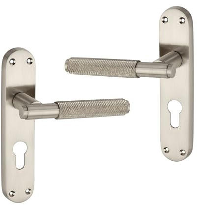 Infinity Decor Pair of Modern Knurled Lever on Backplate Euro Lock Door Handles Set - for Interior & Exterior Door (Satin Nickel)