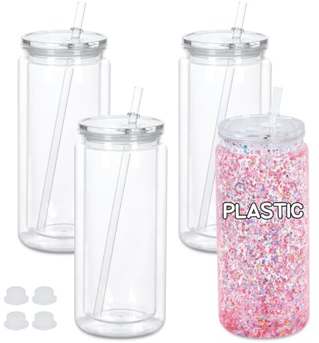Maucircol Kunststoff-Schneekugelbecher, vorgebohrt, doppelwandig, Acryl, transparente Kunststoffbecher für Schneekugel, mit transparentem Deckel, 590 ml, 4 Stück