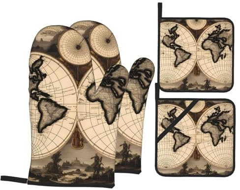 YYHWHJDE Ofenhandschuhe und Topflappen im Vintage-Stil, bedruckt, 4er-Set: dick und langlebig, verbrühungssicher und wärmeisolierend