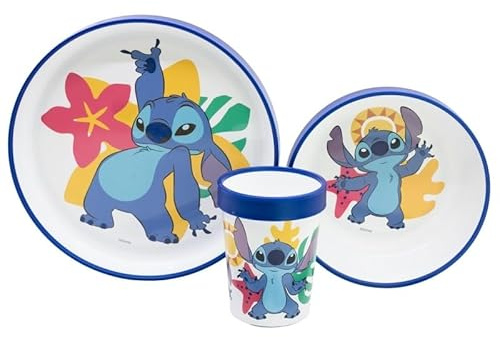 Set di stoviglie riutilizzabile per bambini bicolore – Set composto da 3 pezzi: Piatto, ciotola e bicchiere per bambini e bebé con base antiscivolo – Senza BPA (per STITCH)