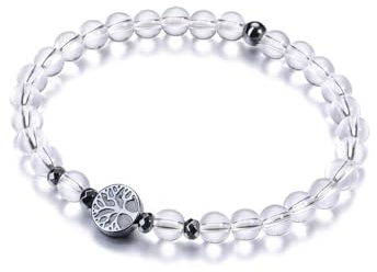 PiercingJak 6mm Obsidian Bergkristall Perlen Armband mit Hämatit Lebensbaum Anhänger Damen Perlenarmband Naturstein Yoga Armreif Spiritueller Schmuck Freundschaft Geschenke für Frauen Mädchen