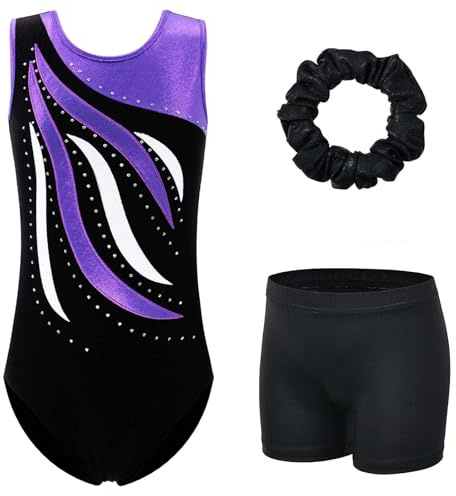 XFGIRLS Body per ragazze, senza maniche, scintillante, per ginnastica, atletica, balletto, danza, ginnastica, 5-14 anni, BlackPurple_B179, 13-14 Years