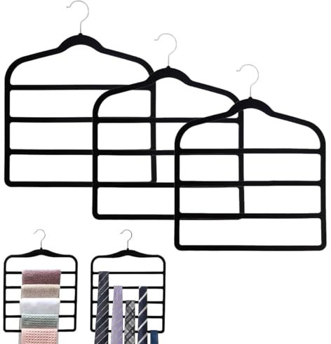 Velvet Trouser Hangers, Space Saving Non Slip Trouser Hangers for Jeans, Trousers, Leggings, Tie, Scarf and Towel, Multi Layer Pants Hanger for Clothes, 3 Pcs