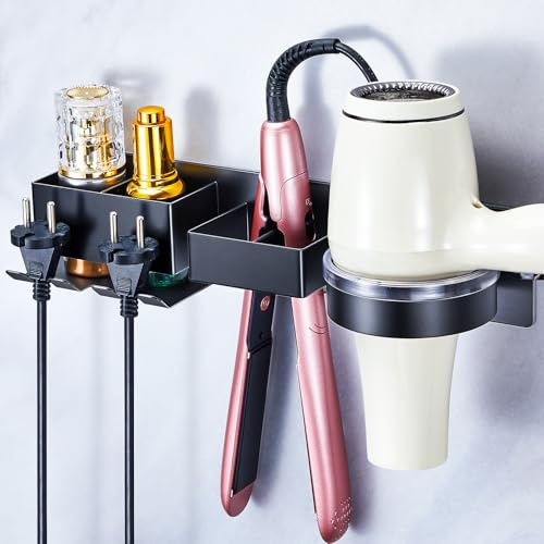 GGQ Fönhalter, Föhnhalter Wand Ohne Bohren, Föhn und Glätteisen Halterung Ohne Bohren, Fönhalterung mit Fächern Aufbewahrung Kabel, Haartrocknerhalter Wandhalterung für Bad (Schwarz)