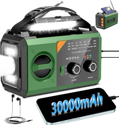 Radio meteorológica de emergencia de 30000 mAh, radio AM/FM/NOAA con altavoz inalámbrico, energía solar y de manivela, linterna integrada, alarma SOS, carga rápida de 15 W (verde, 30000 mAh)