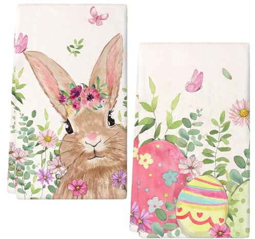 LUYANFX 2er Set Geschirrtücher Hasen Ostern Küchenhandtücher Häschen Geschirrtücher Baumwolle, 43x66cm Frühling Hasen Trockentuch - strapazierfähig, saugkräftig (Rosa-B)