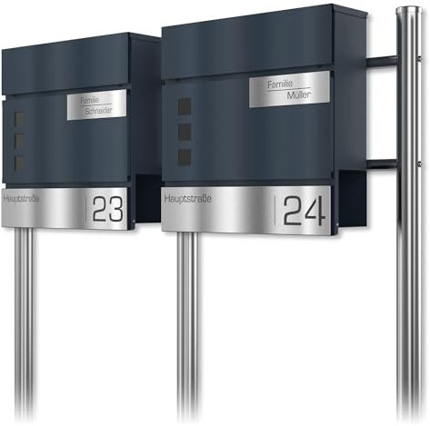 Graviers Design boîte aux Lettres Double en Anthracite RAL 7016 avec Pied - fenêtre personnalisée en Acier Inoxydable nom Rue numéro de Maison - avec Serrure