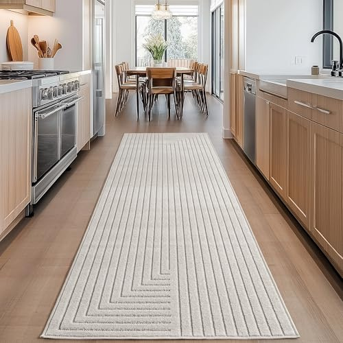 Carpettex Outdoor Teppich wetterfest, Wohnzimmer, Schlafzimmer, Garten, Balkon, Kurzflor Creme, Hoch-Tief-Effekt, weich & waschbar, pflegeleicht, 80x150 cm