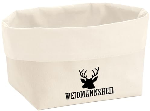 Huuraa Organizer Weidmannsheil Hirsch Jägergruß Geschenk | 3 Liter Körbchen Beige Medium Canvas Baumwolle Utensilo Geschenkidee Badkörbchen Stoff Aufbewahrungskorb