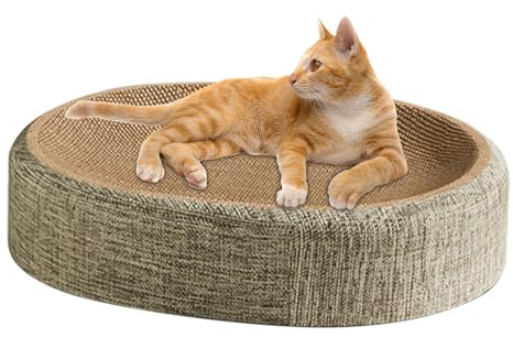 2 en 1 cama de gato y rascador - almohadilla de tumbona ovalada con superficie de rascado | Mat de rasguño y cama para la siesta para gatos interiores | Protector de muebles de gato de cartón duradero