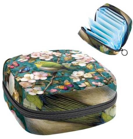 Green Bird and Colored Butterflies on Floral Branches Sanitary Napkin Storage Bag, Large Menstrual Cup Pouch with Zipper, Period Pads Bag Store Panty Liners Tampons for Girls Women