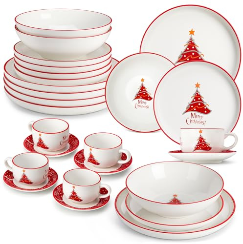 MALACASA Vaisselle de Noël Porcelaine, 30 Pièces Service de Table Complet de Noel avec Assiette noel, Tasse à Café Adapté aux Micro-ondes