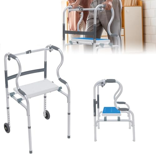 UISEBRT Gehbock Klappbarer Gehhilfen aus Aluminium mit 2 Rädern und Ergonomische Griff, 8 Gang HöHenverstellung mit Abnehmbarem Sitz, Rutschfest Stabil MobilitäTshilfen Gehhilfe für Senioren