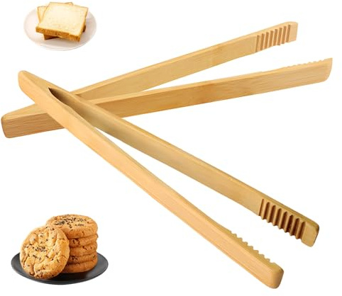 2 Pieces Natural Bamboo Toaster Tongs,9.8-Inch Long Bamboo Toast Tongs with Anti-slip Design,Heat-Resistant Tongs for Cooking and Serving