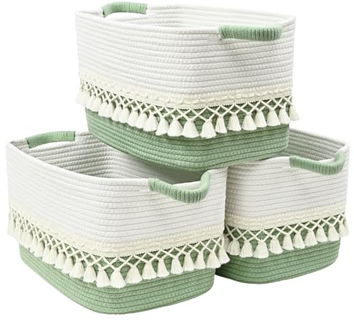 Degeyoyo 2 Pack Storage Basket, Heavy Tassel Woven Baskets for Storage, Boho Cotton Rope Storage Bin, Cube Organizer Bins, Baby Laundry Basket for Clothes, Toys, Diapers, Pets（White & Green）