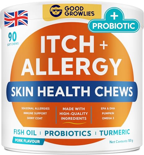 Itchy Dog Skin Relief & Allergy Support Chews - Skin&Coat, Omega 3 Fish Oil | Made in UK - Itching & Paw Licking, Dry Skin & Hot Spots Supplement. EPA&DHA Fatty Acids - Vet-Approved. Pork Flavor, 90 Ct