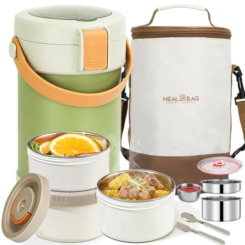 LINMAGCO 67oz Adults Thermal Food Flasks for Hot Food, 2L Soup Containers, 9.06in 3 Layer Stainless Steel Insulated Hot Food Flask, Thermal Lunch Box, Soup Flask, Food Warmer for Men, Women (Green)