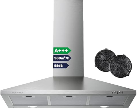 Soonye Hotte Aspirante 90 cm Classe A+++, Hotte Cuisine 380m³/h,Évacuation ou Recyclage,Filtre au Charbon Inclus,Cheminée Extensible,Hotte Murale,Inox