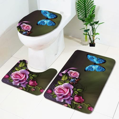 Badezimmermatte Elegante Lila Blumen rutschfeste Badmatte Waschbar Bath Mat Bad Vorleger Memory Schaum Badezimmerteppich U förmige WC Teppich Badteppich Set 45x75 cm