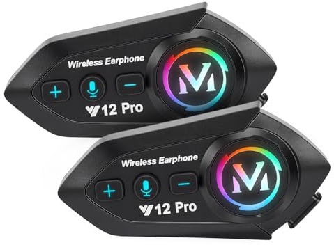 HISUEKIG 5.4 Motorcycle Helmet Speakers, Super Long Battery Life, Motorbike Helmet Bluetooth Headset with Soft/Hard Mic, IPX6 Automatic Answer, Intelligent Noise, RGB LED Light(2 Set)