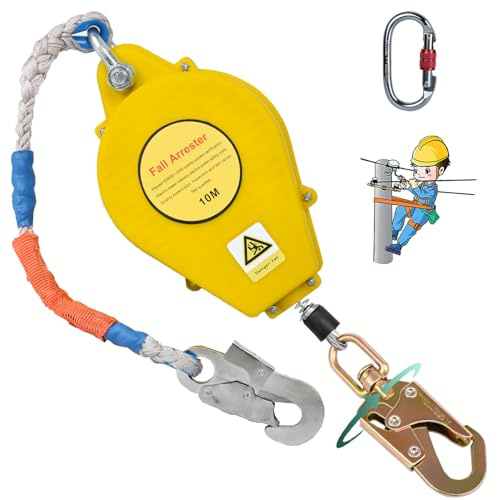 BOVDC Dispositivo Anticaduta Retrattile Certificato 10m, Imbracatura di Sicurezza Anticaduta Tetto con Gancio Rotante, 150kg Dispositivo Sicurezza Anticaduta Tetto/Lavoro Aereo(Giallo,10m)