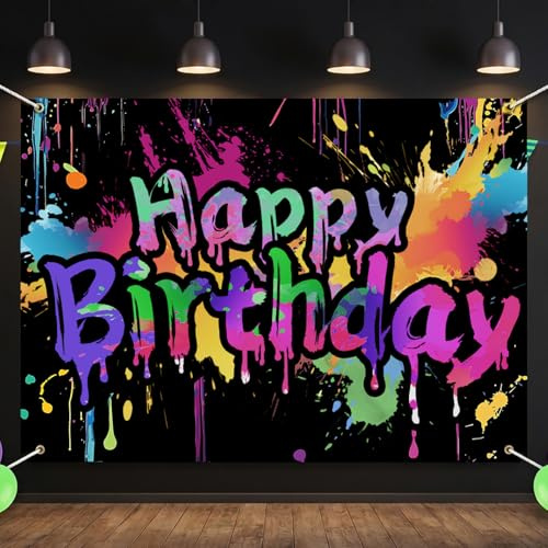 Bannière d'anniversaire noire fluo, bannière Happy Birthday, 210 x 150 cm, décoration de fond pour filles et garçons, très grande décoration d'anniversaire, poster pour fête d'anniversaire à