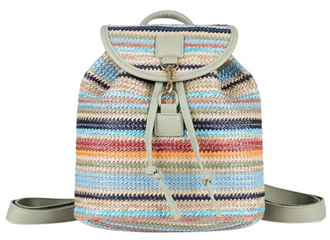 Sac à dos en paille pour femmes, sac à dos tissé à rayures dégradées avec rabat, sac bohème à cordon pour vacances d'été