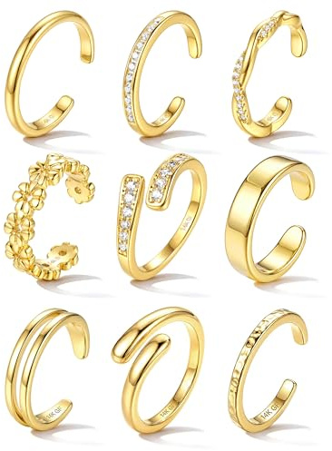 Roheafer 9 Piezas Anillos para Pie Mujer 14K Oro Relleno Ajustable Abierto Pie Dedo Anillos Juego CZ Flor Verano Playa Joyería para Pies（CZ