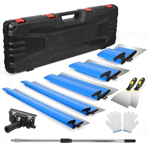 Set di spatole per superfici, comprensivo di 5 raschietti per superfici (150 mm a mezzaluna, 250/400/600/800 mm), 2 raschietti manuali, asta di prolunga regolabile, guanti protettivi, connettore