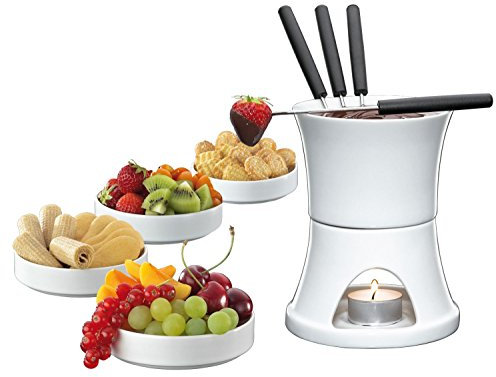 Cilio Schokoladenfondue 10-tlg. , Schokoladen-Fondue-Set aus feuerfestem Hartporzellan , ø 12 cm , Inkl. Fonduetopf, Rechaud, 4 Fonduegabeln, 4 Schüsseln aus Porzellan und 1 Teelicht