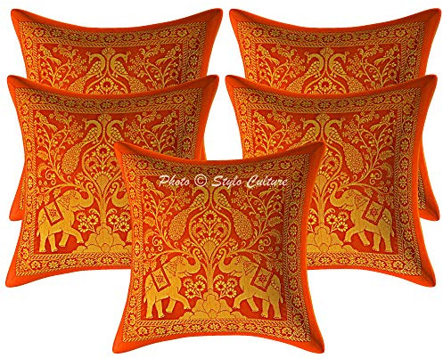 Stylo Culture Indio Fundas Almohadones Decorativa 30x30 cm Brocado De Seda Elefante Fundas para Cojines Dormitorio Naranja 12x12 Inch Jacquard Cuadrado Cremallera Fundas para Cojines De Sofas - 5 Pcs