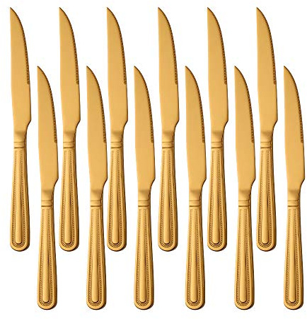Buyer Star Coltelli da bistecca da 12 pezzi, set di coltelli affilati in acciaio inossidabile dorato per cucina domestica e ristorante, lavabili in lavastoviglie