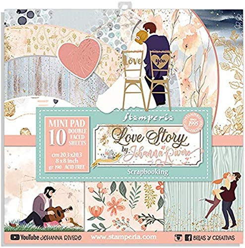 STAMPERIA SBBS22 PAPER PAD 8X8 10PK Papierblock 10 Blätter doppelseitig 20.3X20.3 (8X8) Double Face Love Story, Mehrfarbig