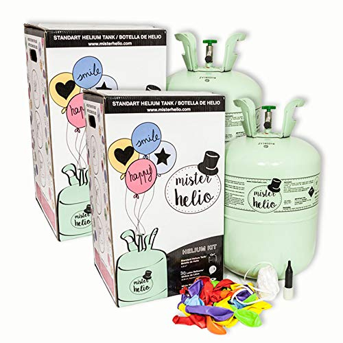Lot de 2 bonbonnes d'hélium jetables Mister Helio (jusqu'à 25 ballons par bouteille, ballons en latex inclus). La bouteille d'hélium la plus cool