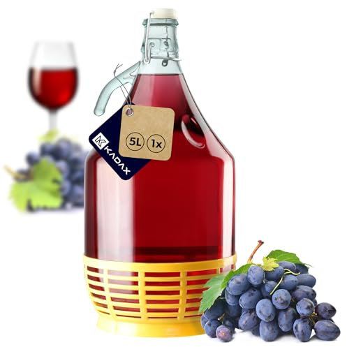 KADAX Weinballon 5L, Glasballon für Wein, schmale Öffnung, Gärballon, Gallone, Gärbehälter, Flasche, Glasflasche, Glasgärballon, Gäreimer, Ballon mit Korb aus Kunststoff (Bügelverschluss)