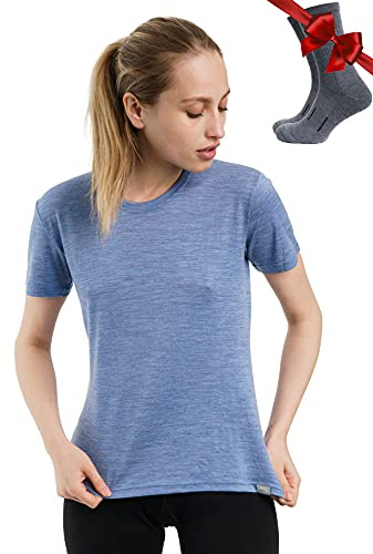 Merino.tech 100% Merino Shirt Damen Wandern & Alltag + Wandersocken | Geruchshemmend, Atmungsaktive Merino T-Shirt Damen, Kratzfrei, Schnelltrocknend, Funktionsshirt, Thermooberteil, für Sport
