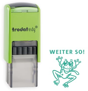 Trodat edy FIX motivationsstämpel för lärare och pedagoger, stämpelset för motivering – 1 motiv groda vidare SO, tyska, grönt hölje, avtryck, självfärgande, 20 x 20 mm