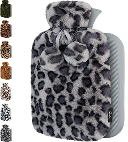 Qomfor Hot Water Bottle with Cover UK - 1.8L Large Soft Fluffy Fleece Cover Hot Water Bottle for Pain Relief, Period Pain, Back Pain & Cozy Warmth – Great Gift for Men & Women (Leopard Violet Grey)