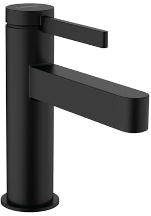 hansgrohe Waschtischarmatur Finoris, Wasserhahn Bad mit Auslauf Höhe 100 mm, mit Push-Open Ablaufgarnitur, Badarmatur wassersparend, Mattschwarz