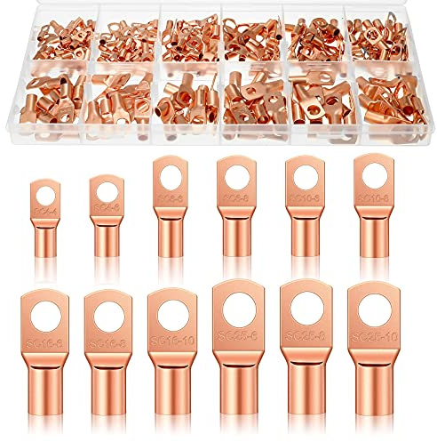 Ferraycle 200 Pieces Copper Battery Wire Lugs 12 Sizes Battery Cable Ends Eyelets Tubular Ring Terminal Connectors for Automotive Supplies